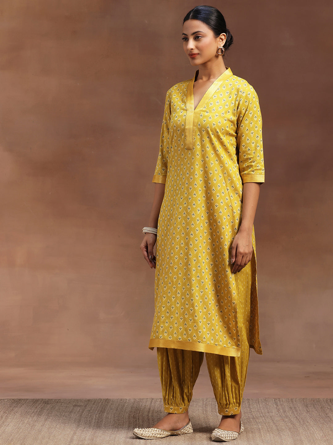 Mustard Printed Cotton Straight Suit With Dupatta