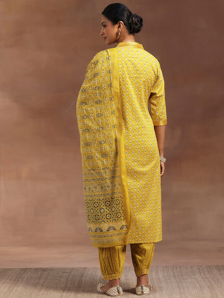 Mustard Printed Cotton Straight Suit With Dupatta