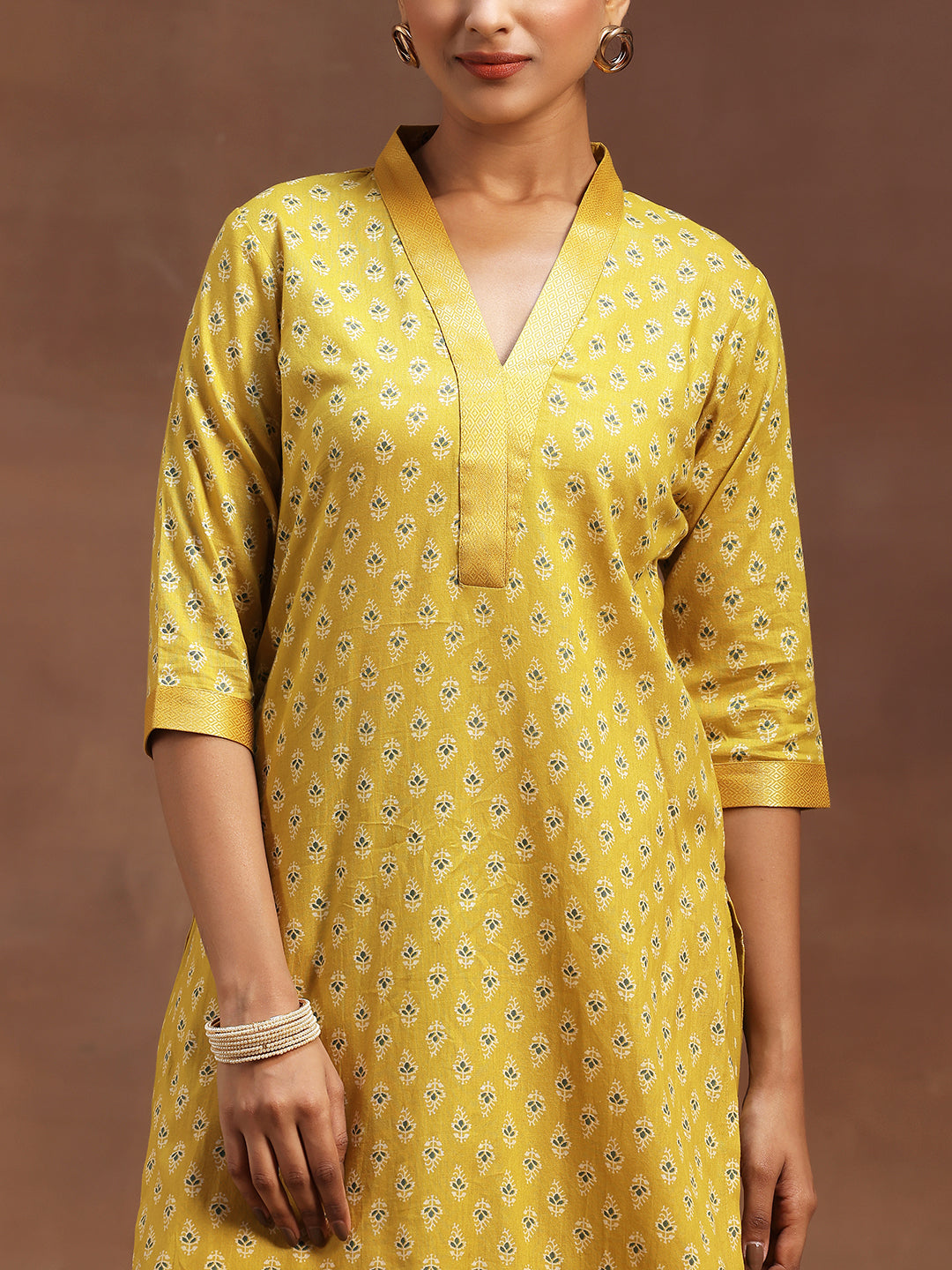 Mustard Printed Cotton Straight Suit With Dupatta
