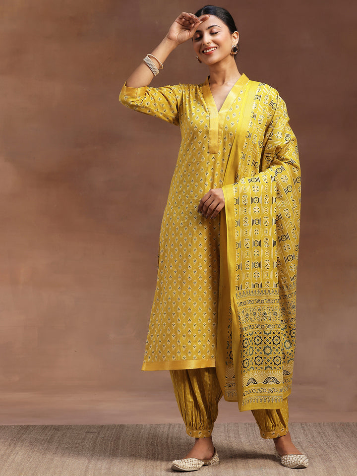 Mustard Printed Cotton Straight Suit With Dupatta