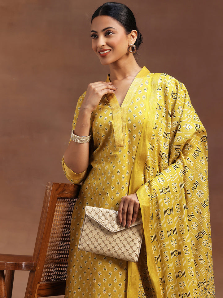 Mustard Printed Cotton Straight Suit With Dupatta
