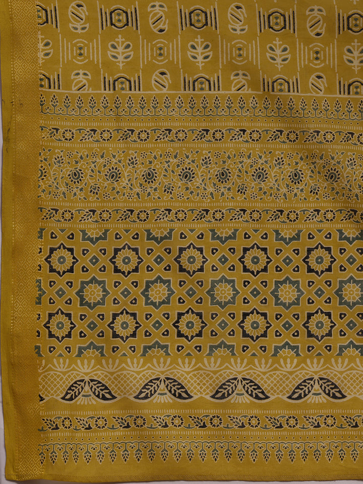 Mustard Printed Cotton Straight Suit With Dupatta