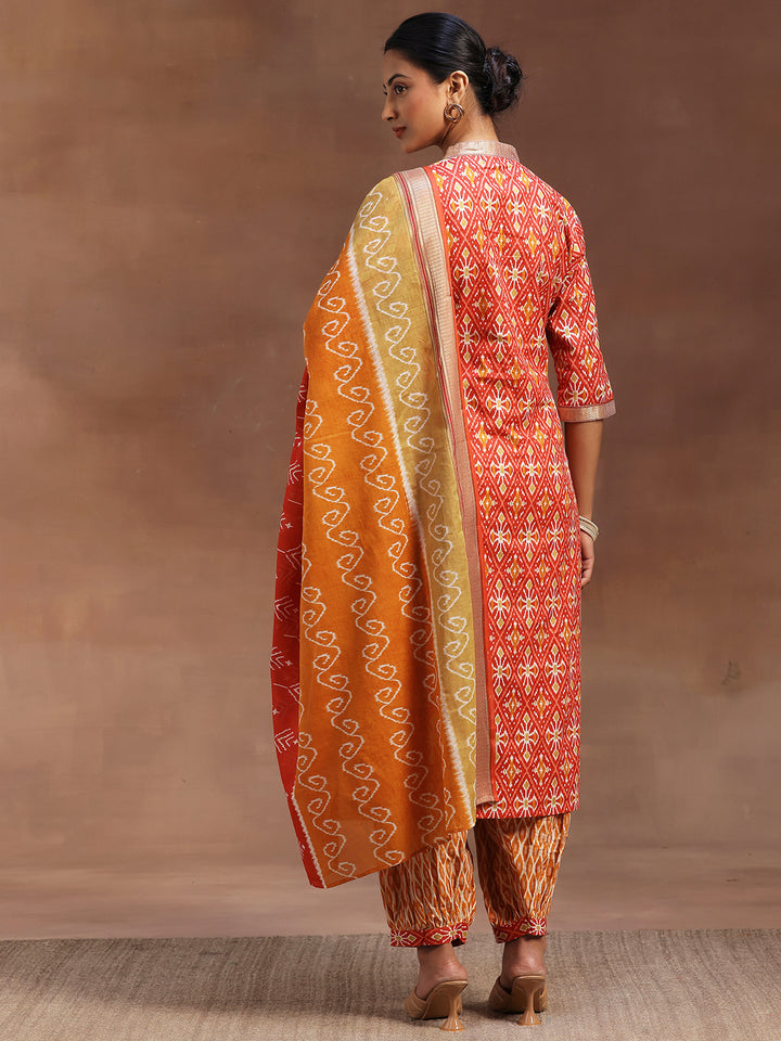 Red Printed Cotton Straight Suit With Dupatta