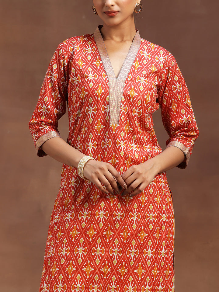 Red Printed Cotton Straight Suit With Dupatta