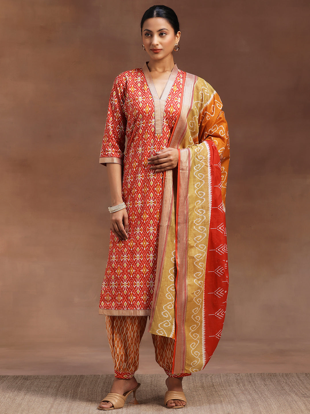 Red Printed Cotton Straight Suit With Dupatta