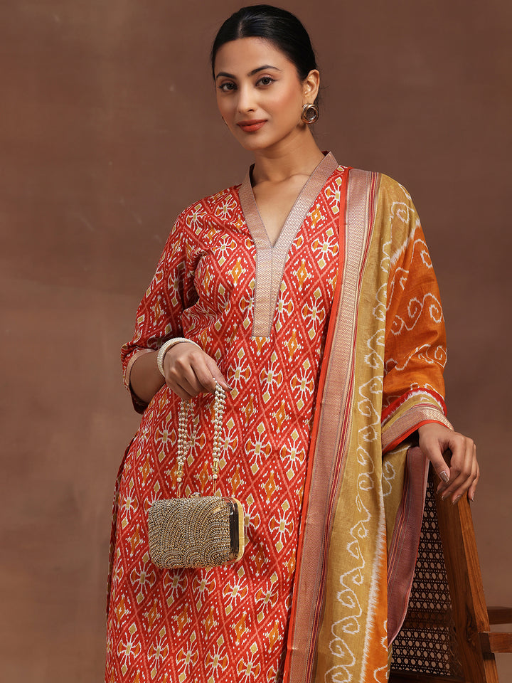 Red Printed Cotton Straight Suit With Dupatta