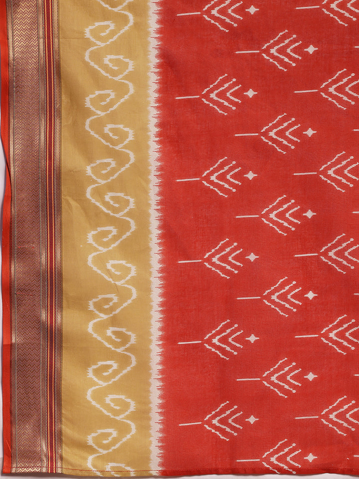 Red Printed Cotton Straight Suit With Dupatta