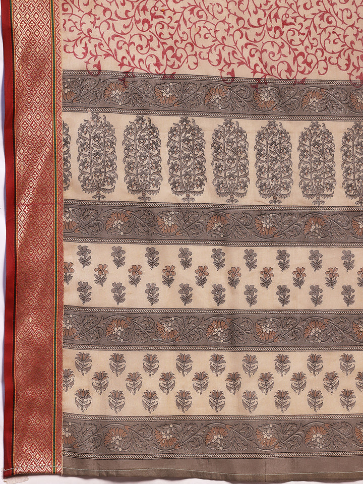Beige Printed Cotton Straight Suit With Dupatta