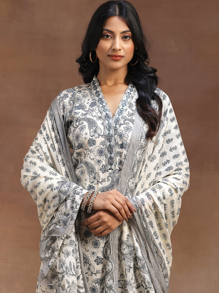 Grey Printed Cotton Straight Suit With Dupatta