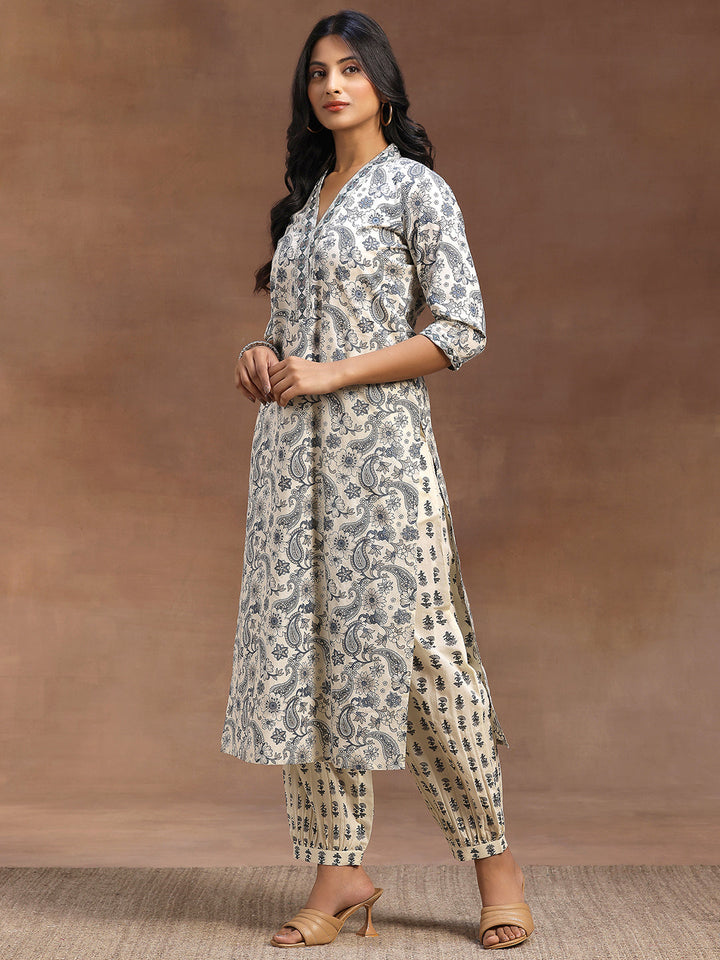 Grey Printed Cotton Straight Suit With Dupatta