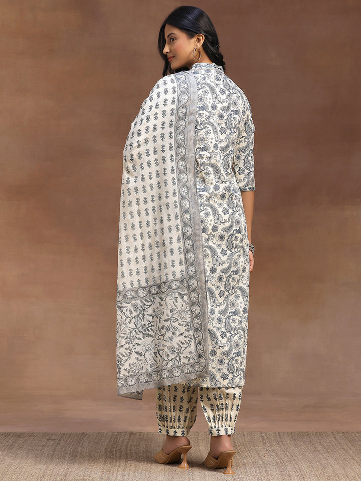 Grey Printed Cotton Straight Suit With Dupatta
