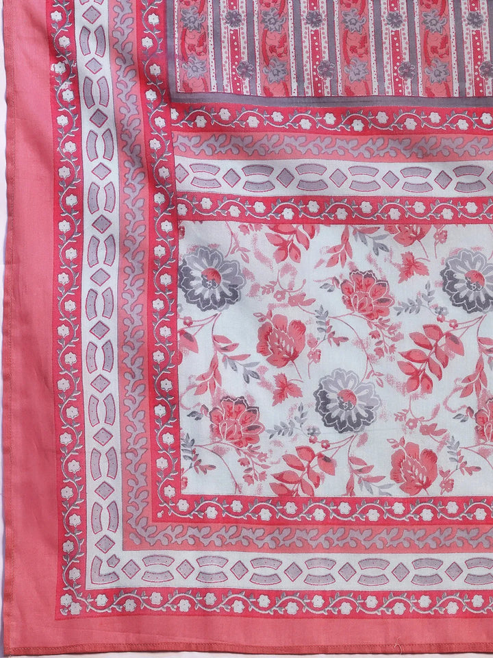 Light Blue Printed Cotton A-line Kurta With Trousers & Dupatta