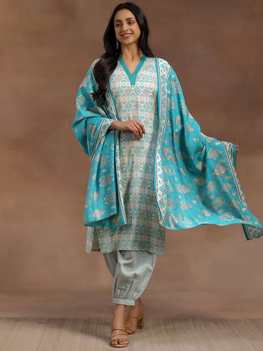 Blue Printed Silk Suit Set