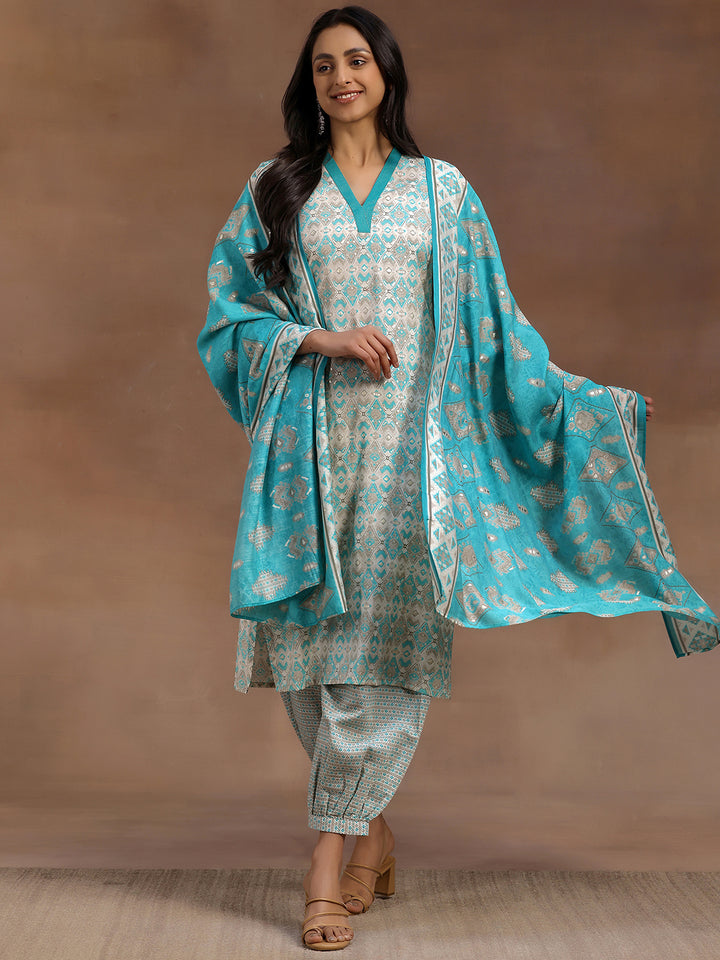 Blue Printed Silk Blend Straight Suit With Dupatta