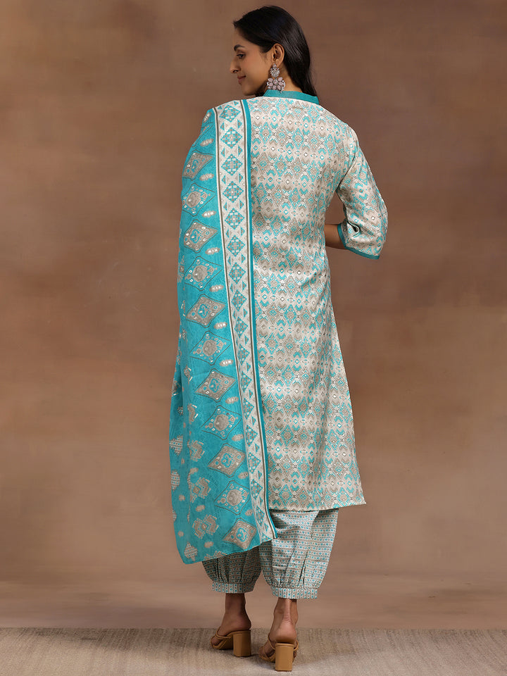Blue Printed Silk Blend Straight Suit With Dupatta