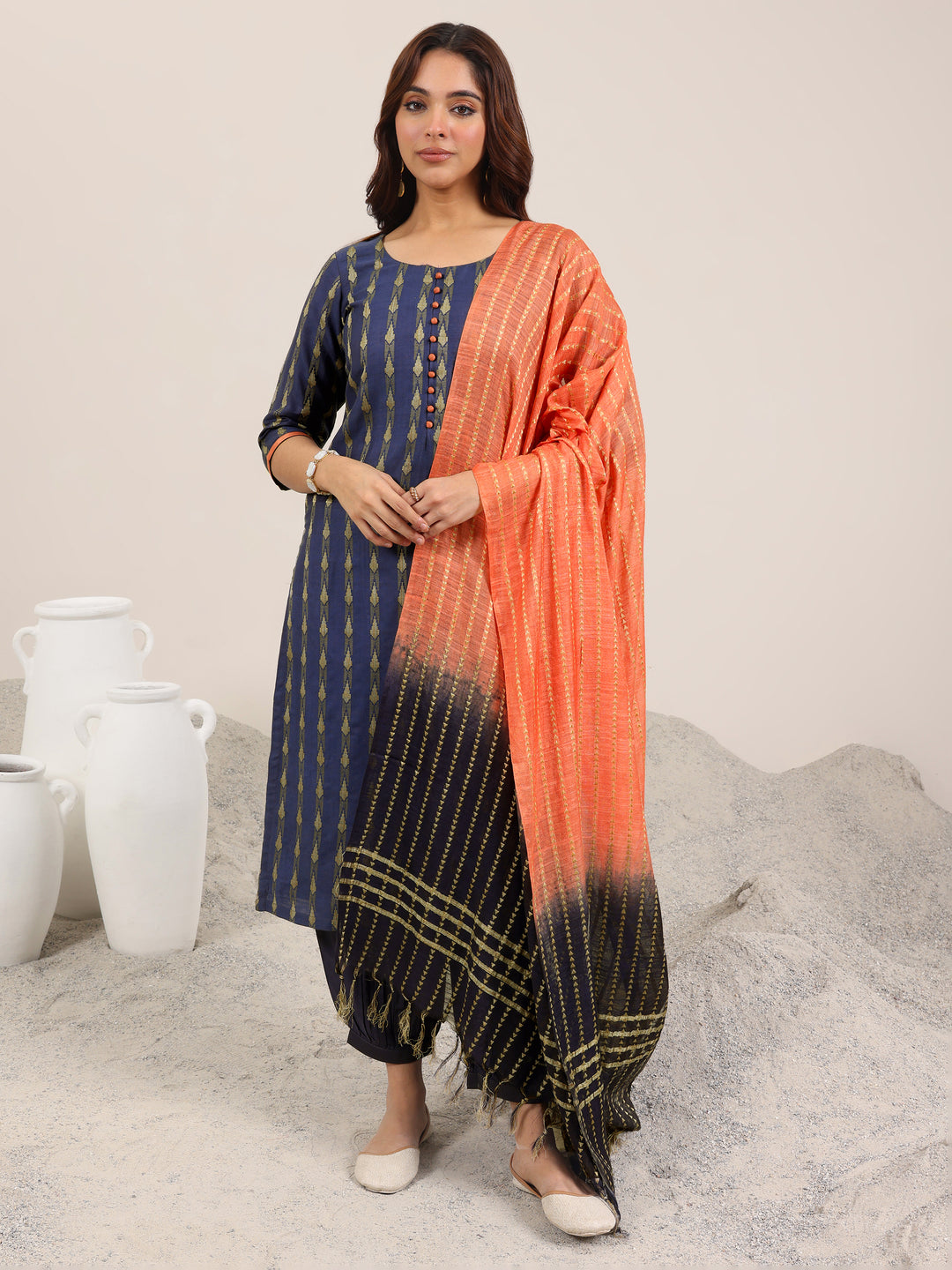 Blue Woven Design Silk Blend Straight Suit With Dupatta