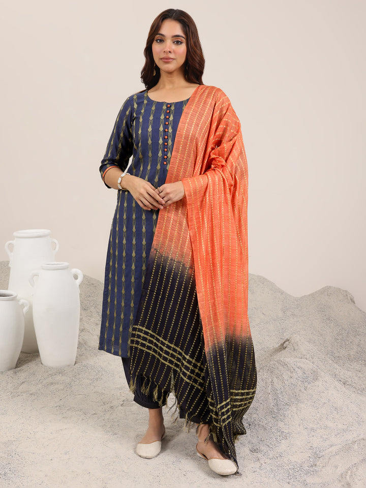 Blue Woven Design Silk Blend Straight Suit With Dupatta