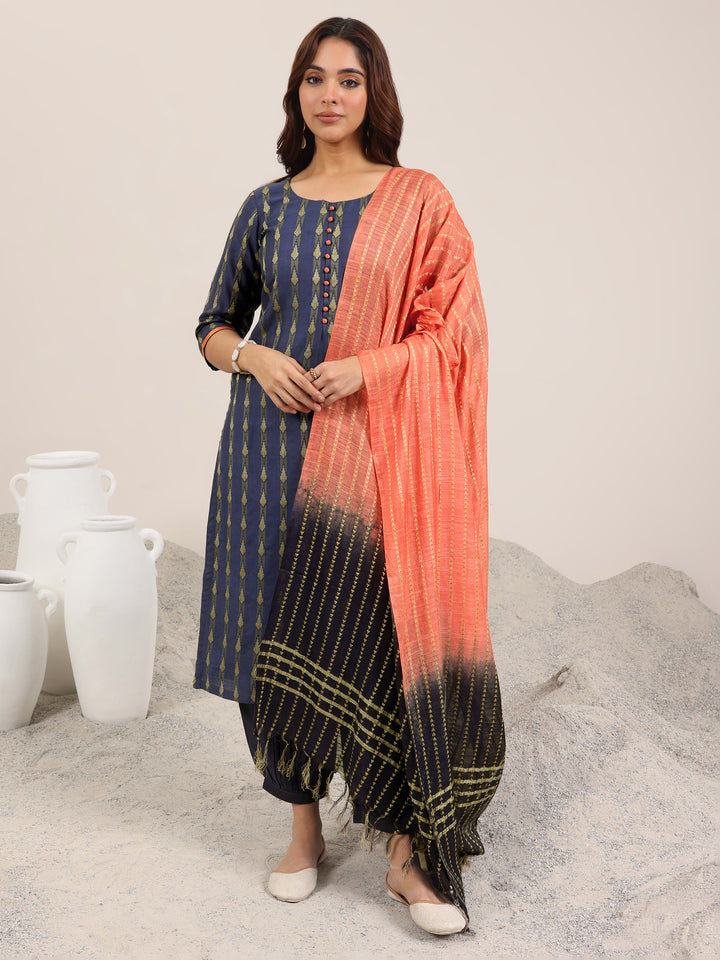 Blue Woven Design Silk Blend Straight Suit Set With Dupatta