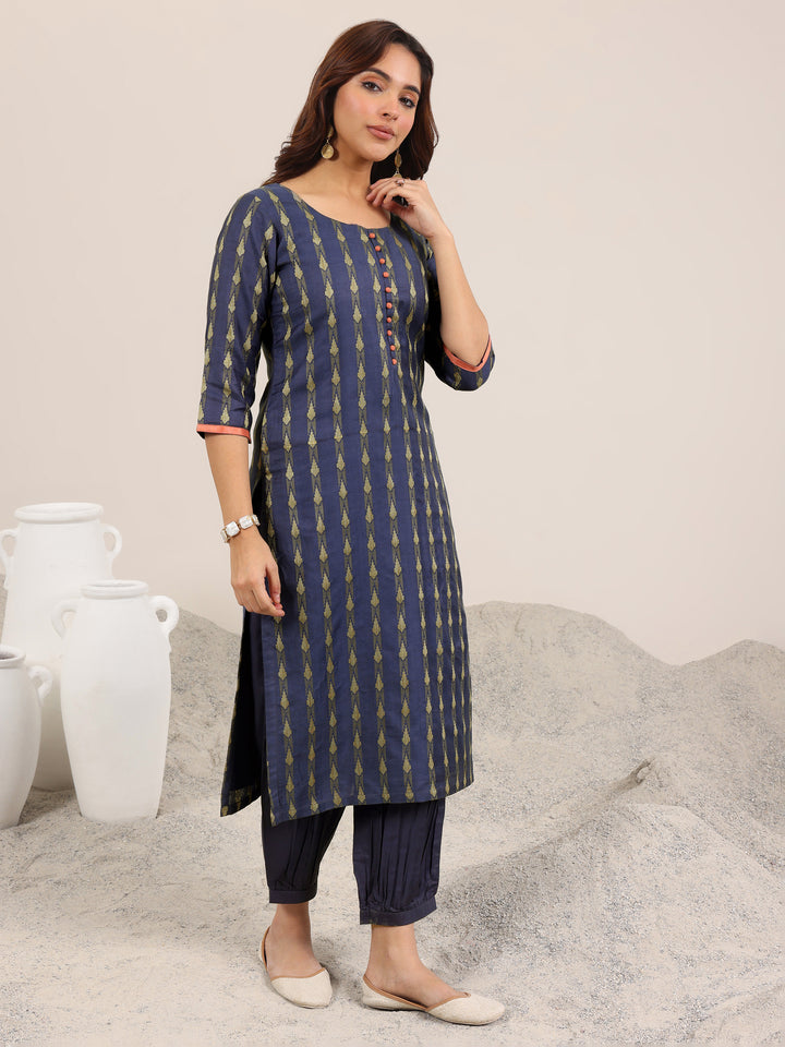 Blue Woven Design Silk Blend Straight Suit Set With Dupatta