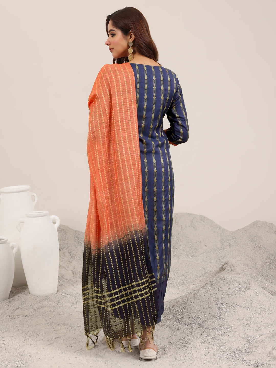 Blue Woven Design Silk Blend Straight Suit With Dupatta