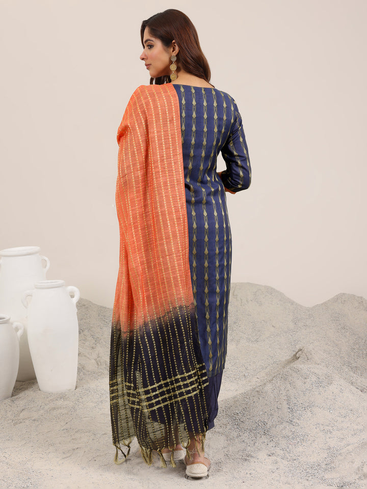 Blue Woven Design Silk Blend Straight Suit With Dupatta