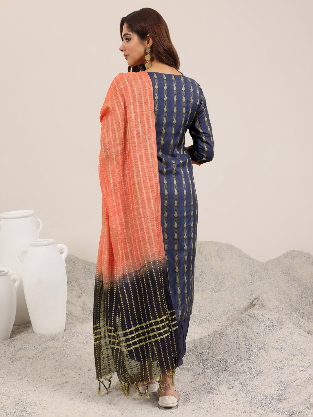 Blue Woven Design Silk Blend Straight Suit Set With Dupatta