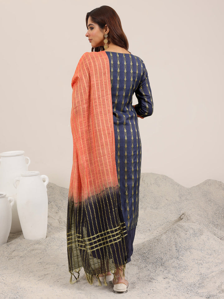 Blue Woven Design Silk Blend Straight Suit Set With Dupatta