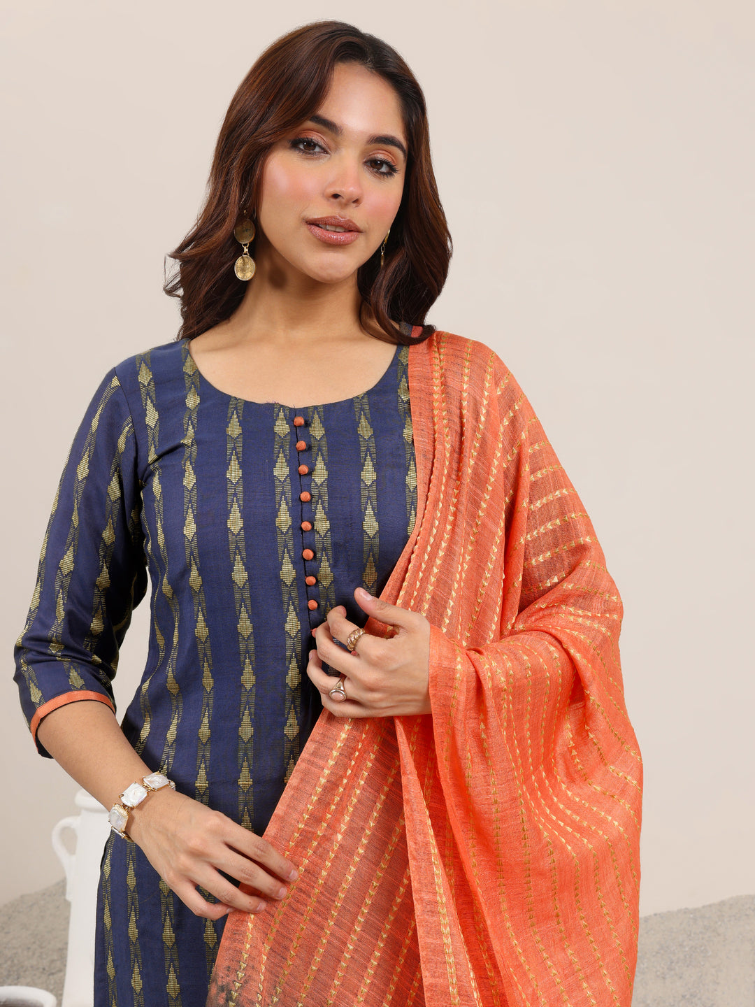 Blue Woven Design Silk Blend Straight Suit With Dupatta