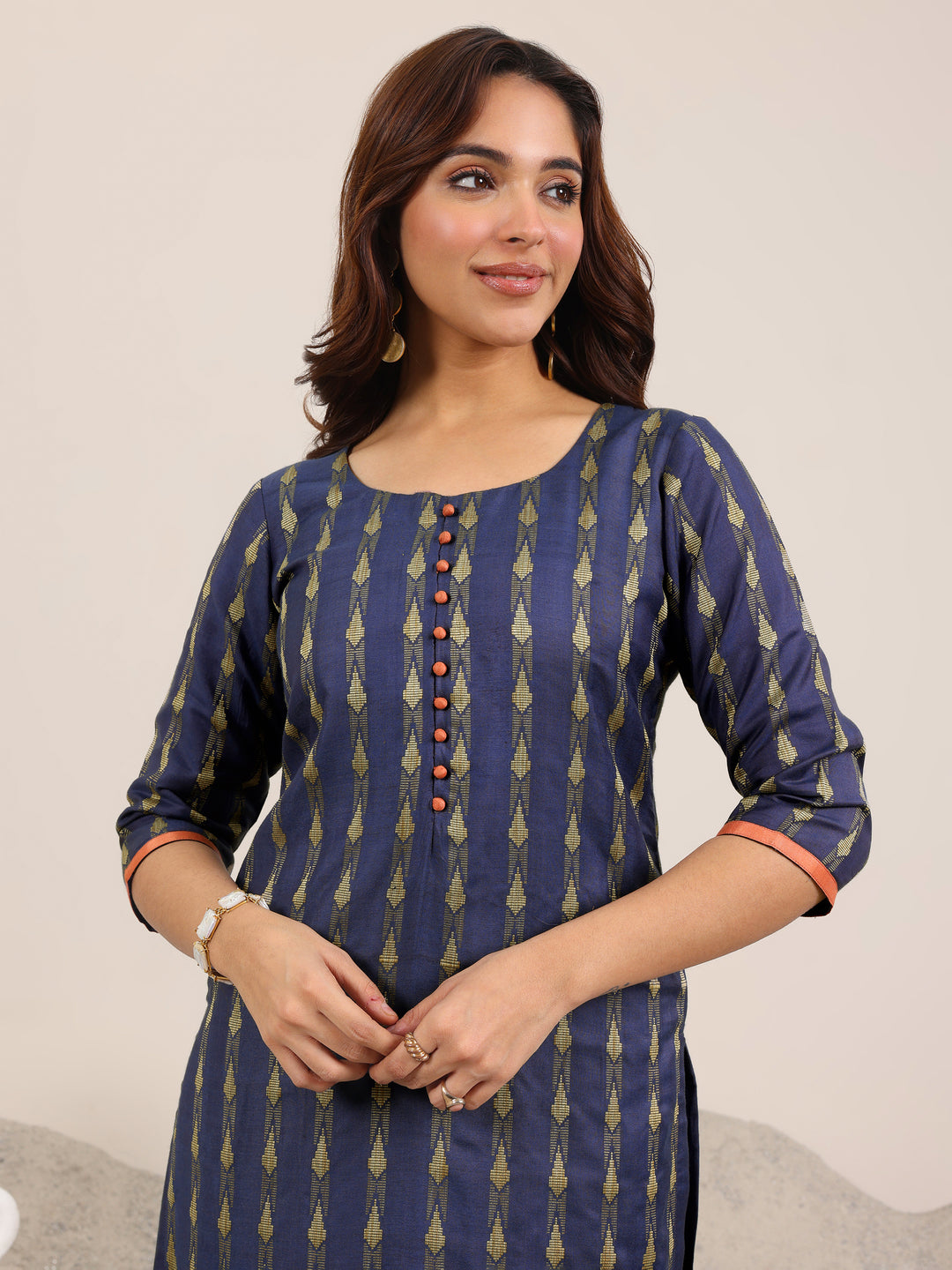 Blue Woven Design Silk Blend Straight Suit With Dupatta