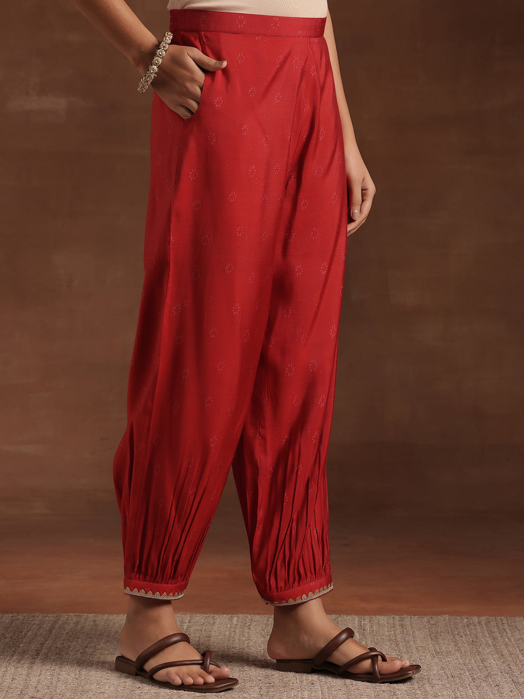 Red Woven Design Silk Blend Straight Suit With Dupatta