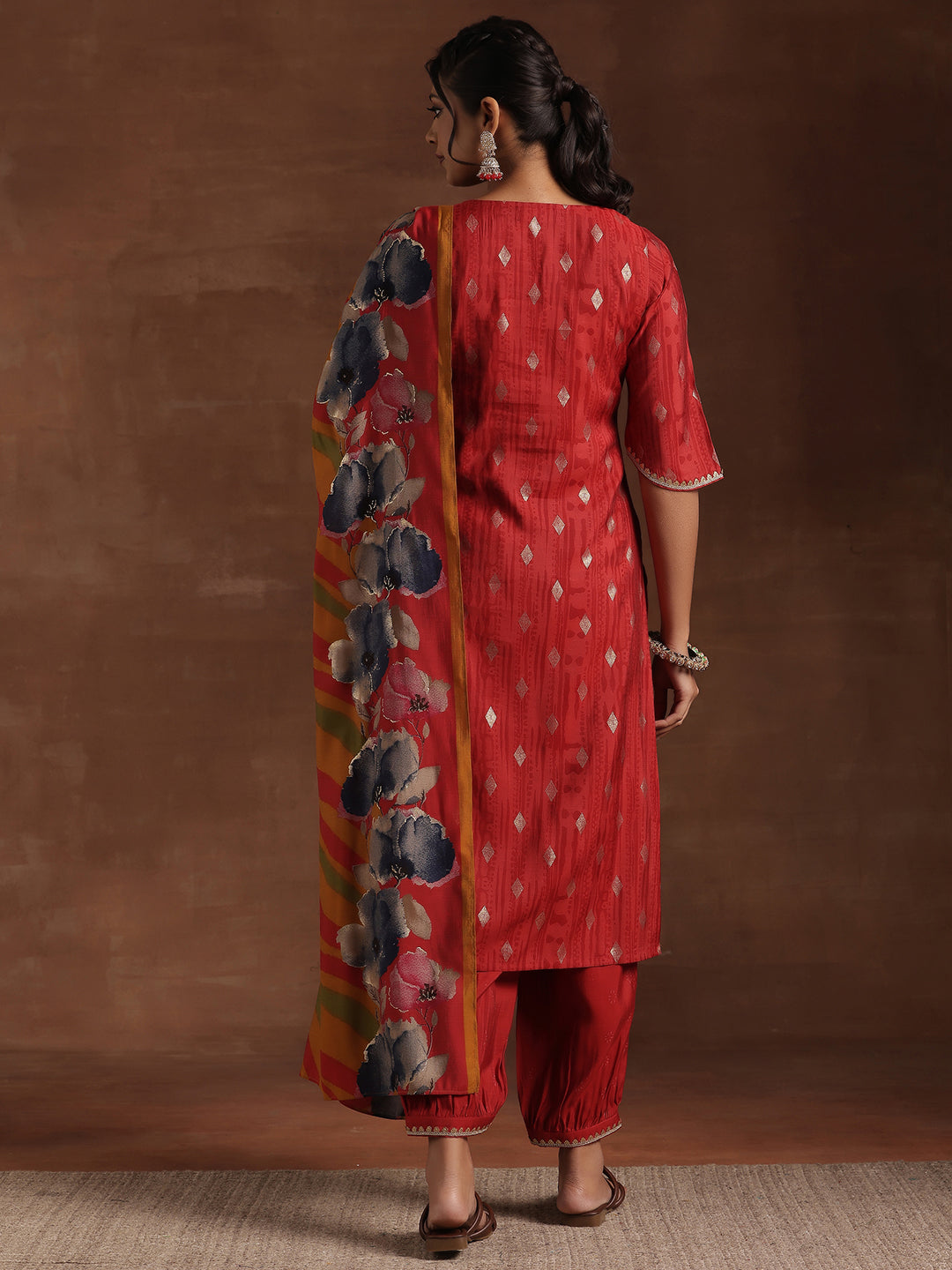 Red Woven Design Silk Blend Straight Suit With Dupatta