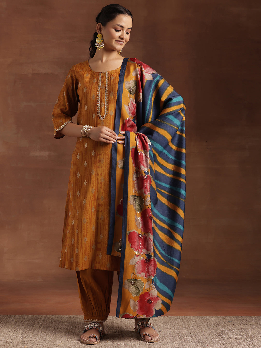 Mustard Woven Design Silk Blend Straight Suit With Dupatta
