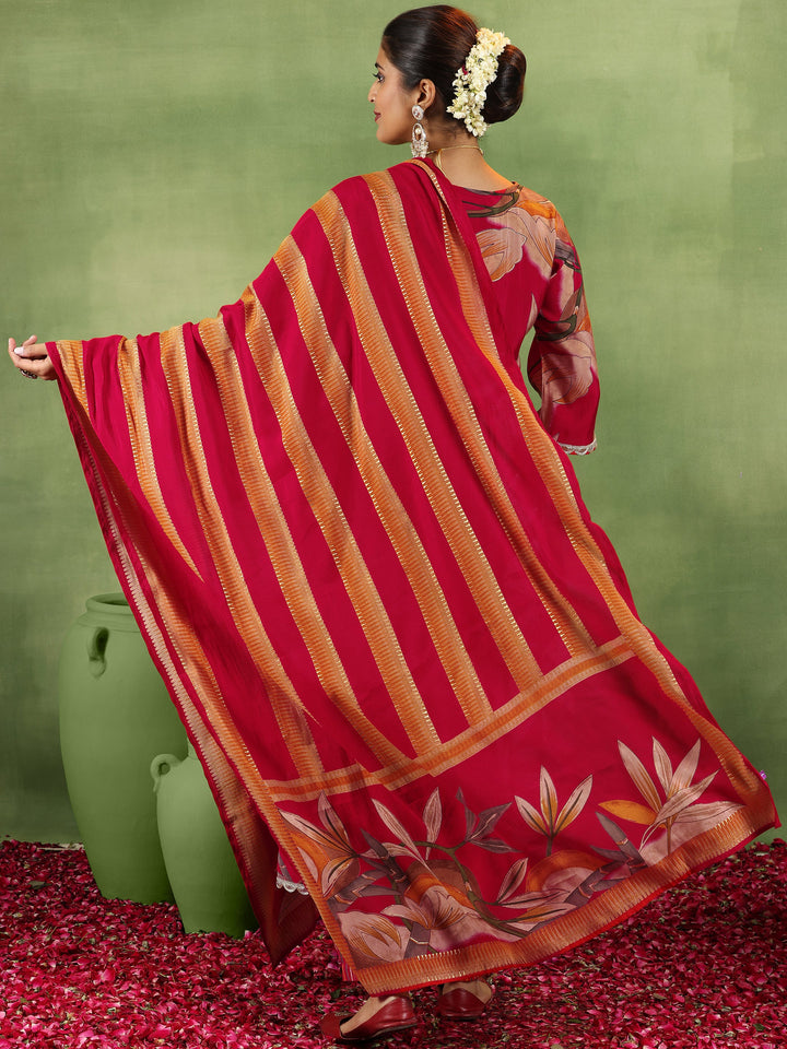 Red Printed Silk Blend A-Line Kurta With Salwar & Dupatta