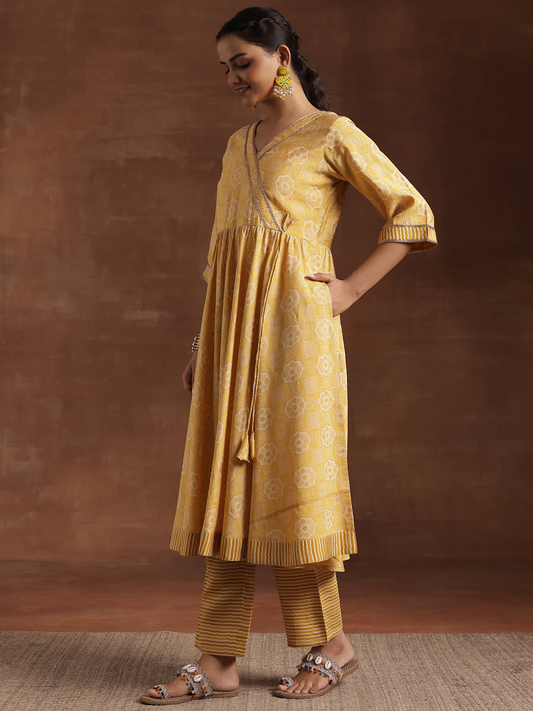 Yellow Printed Silk Blend Anarkali Suit With Dupatta