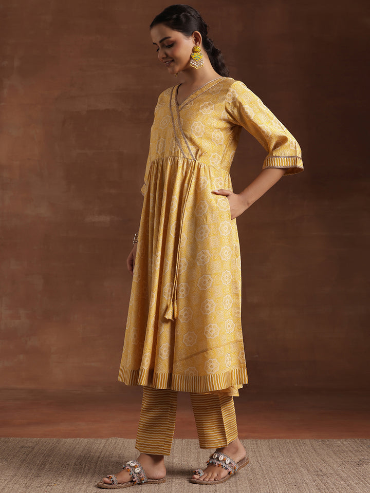 Yellow Printed Silk Blend Anarkali Suit With Dupatta