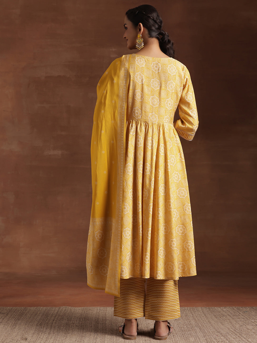 Yellow Printed Silk Blend Anarkali Suit With Dupatta