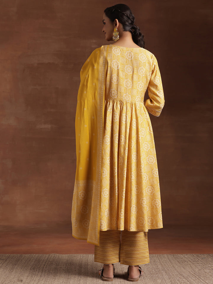 Yellow Printed Silk Blend Anarkali Suit With Dupatta