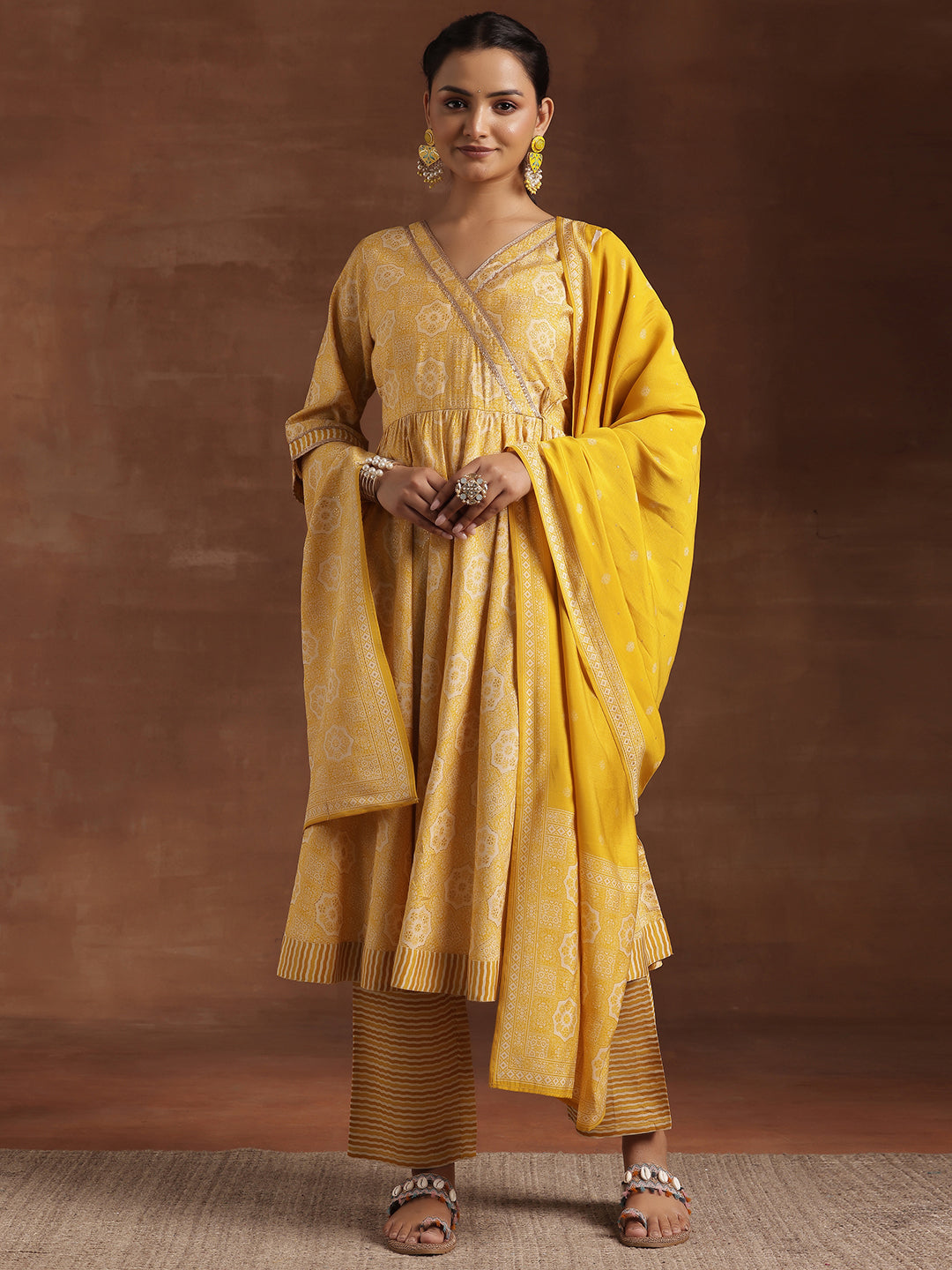 Yellow Printed Silk Blend Anarkali Suit With Dupatta