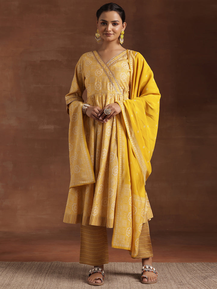 Yellow Printed Silk Blend Anarkali Suit With Dupatta