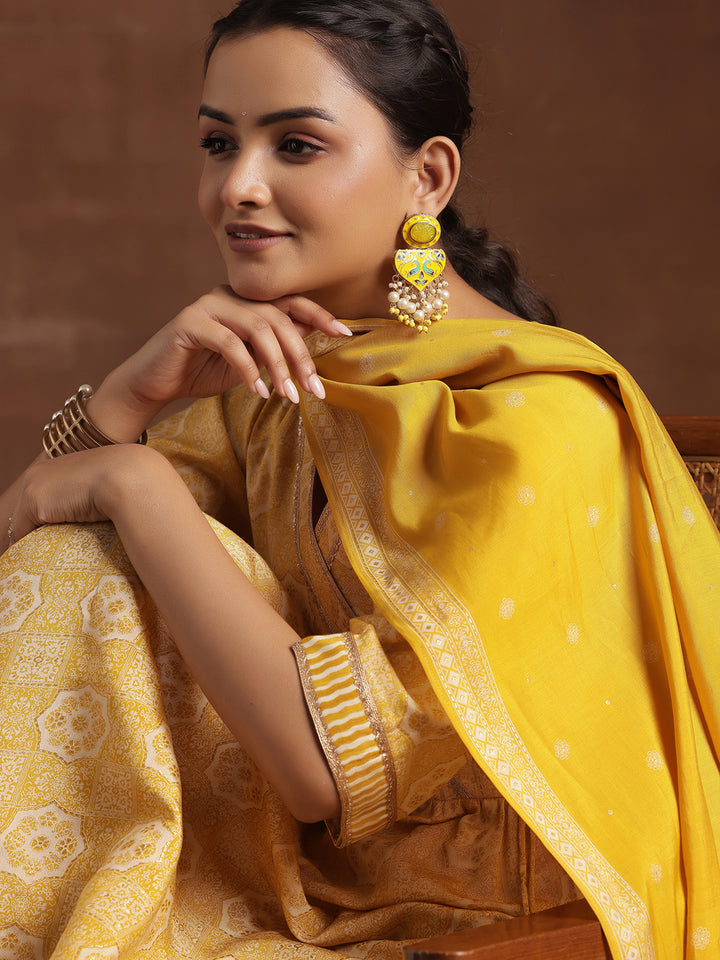 Yellow Printed Silk Blend Anarkali Suit With Dupatta