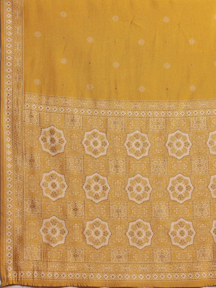 Yellow Printed Silk Blend Anarkali Suit With Dupatta
