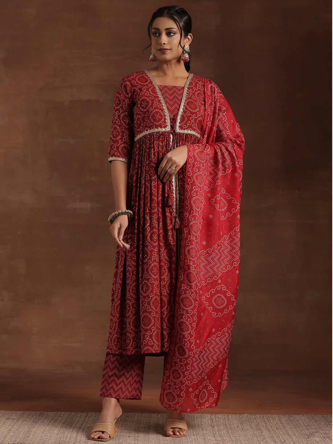 Red Printed Silk Blend A-Line Kurta With Trousers & Dupatta