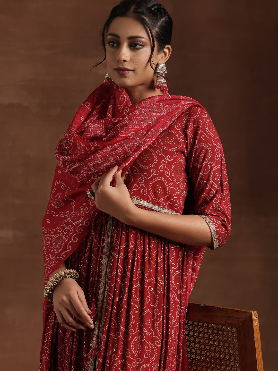 Red Printed Silk Blend A-Line Kurta With Trousers & Dupatta