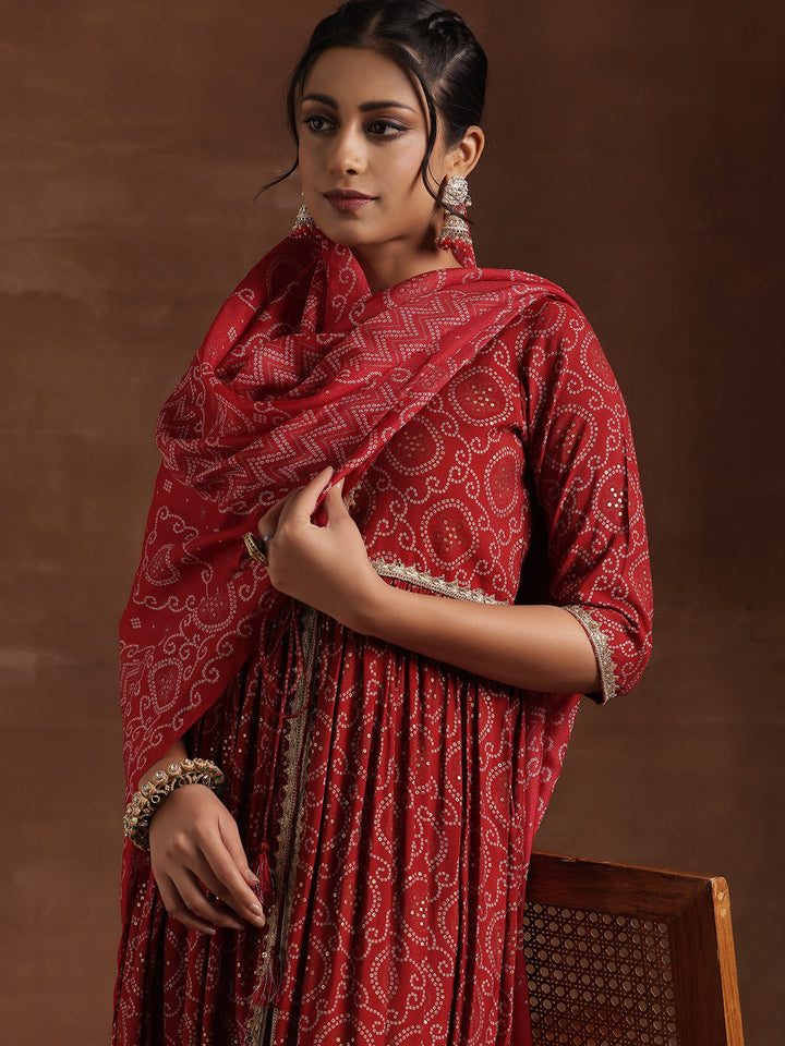 Red Printed Silk Blend A-Line Kurta With Trousers & Dupatta