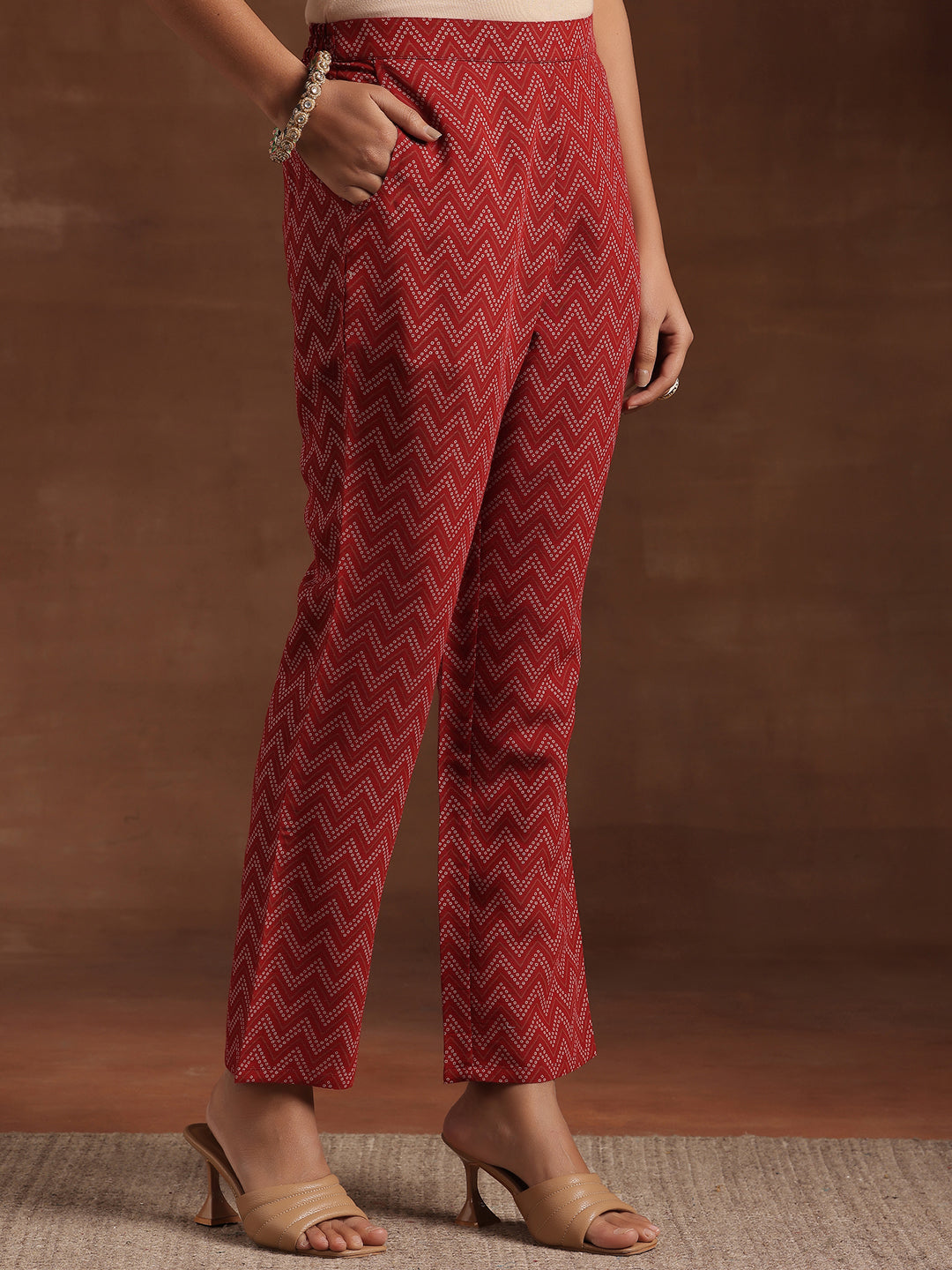 Red Printed Silk Blend A-Line Kurta With Trousers & Dupatta