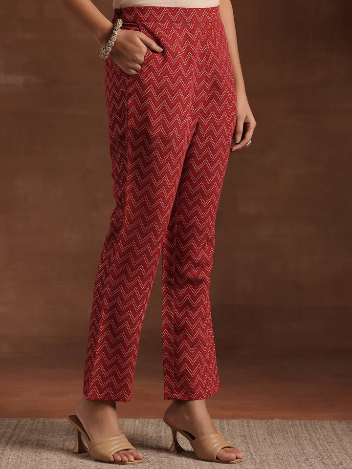Red Printed Silk Blend A-Line Kurta With Trousers & Dupatta