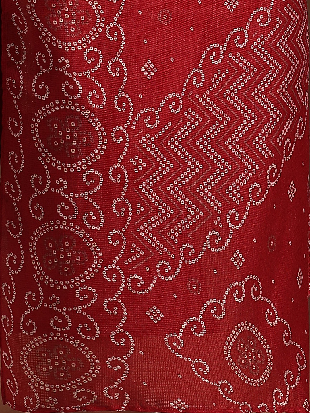 Red Printed Silk Blend A-Line Kurta With Trousers & Dupatta