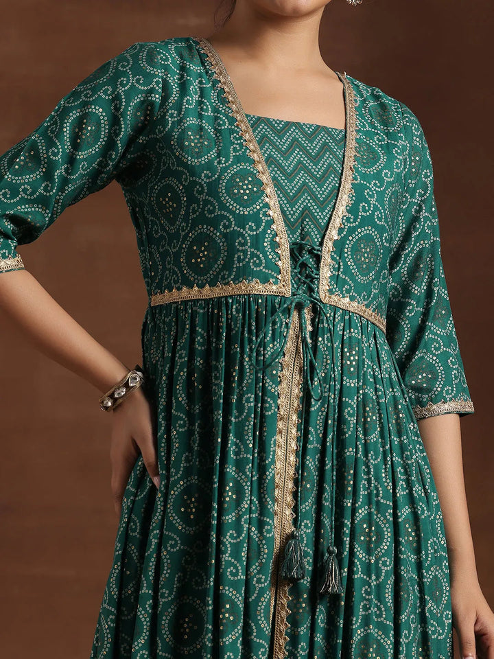 Rama Green Printed Silk Blend A-Line Kurta With Trousers & Dupatta