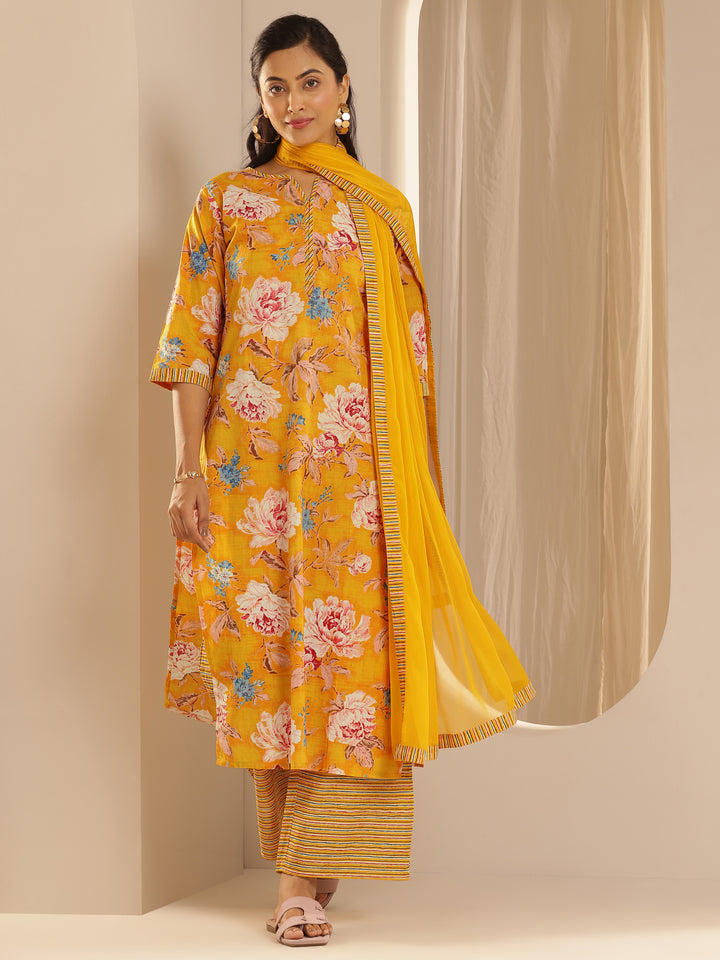 Mustard Printed Cotton Straight Suit With Dupatta