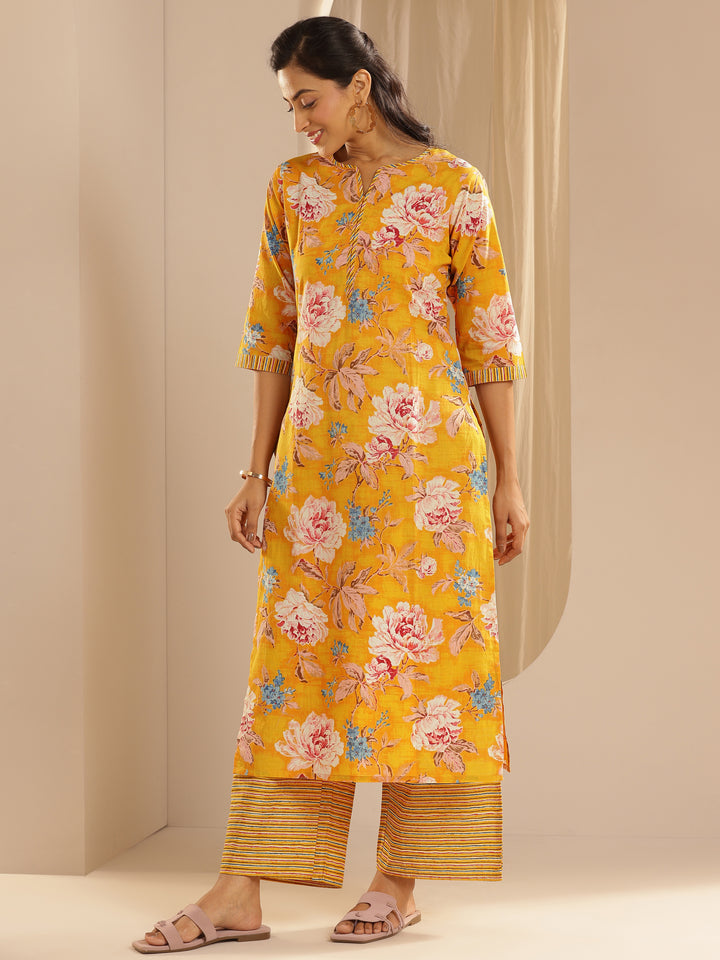 Mustard Printed Cotton Straight Suit With Dupatta